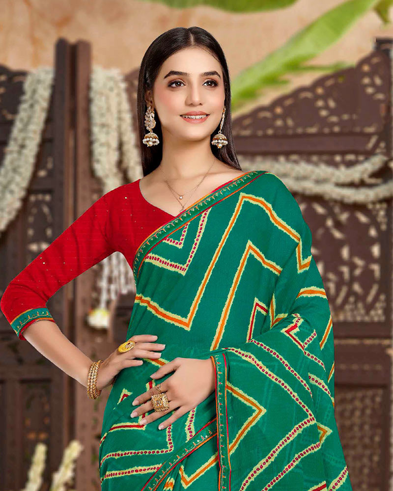 Vishal Prints Dark Forest Green Printed Chiffon Traditional Print Saree With Fancy Border