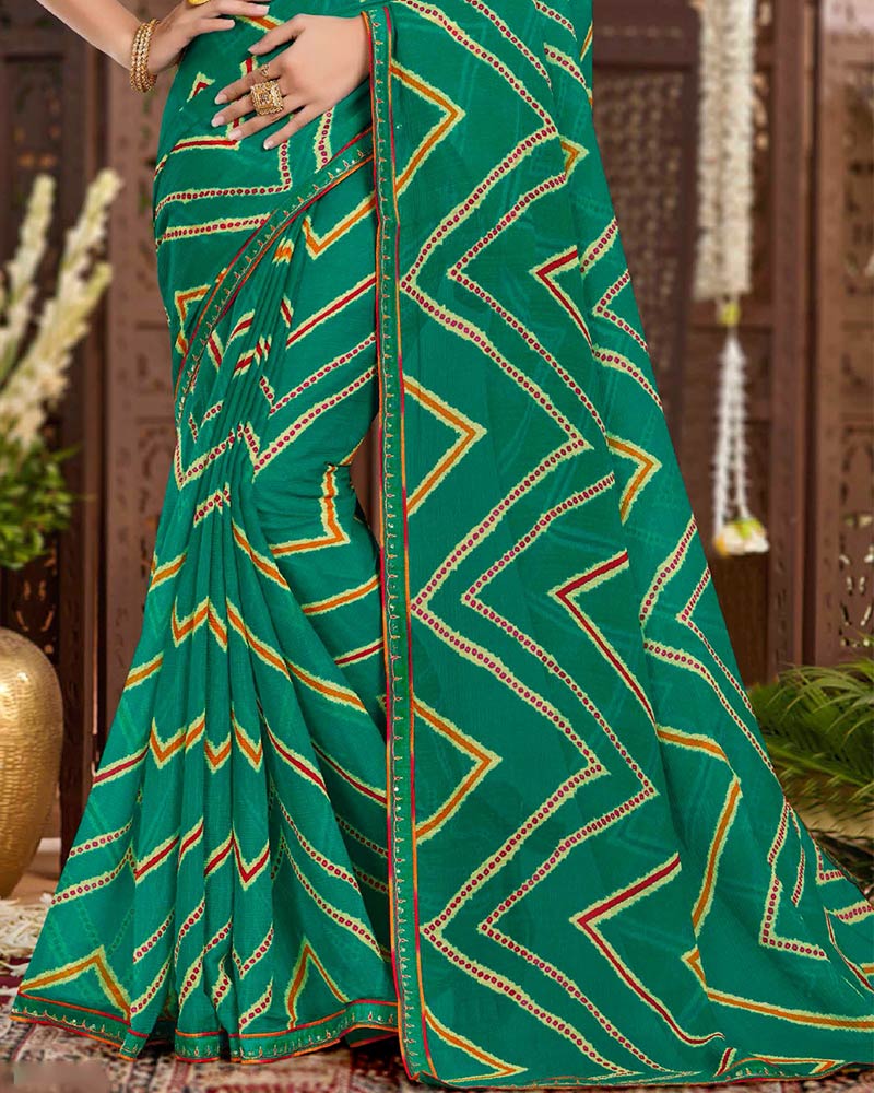 Vishal Prints Dark Forest Green Printed Chiffon Traditional Print Saree With Fancy Border