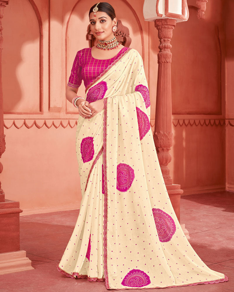 Vishal Prints Dark Hot Pink Fancy Chiffon Printed Saree With Foil Print And Cut Work Embroidery Border