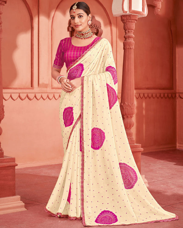 Vishal Prints Dark Hot Pink Fancy Chiffon Printed Saree With Foil Print And Cut Work Embroidery Border