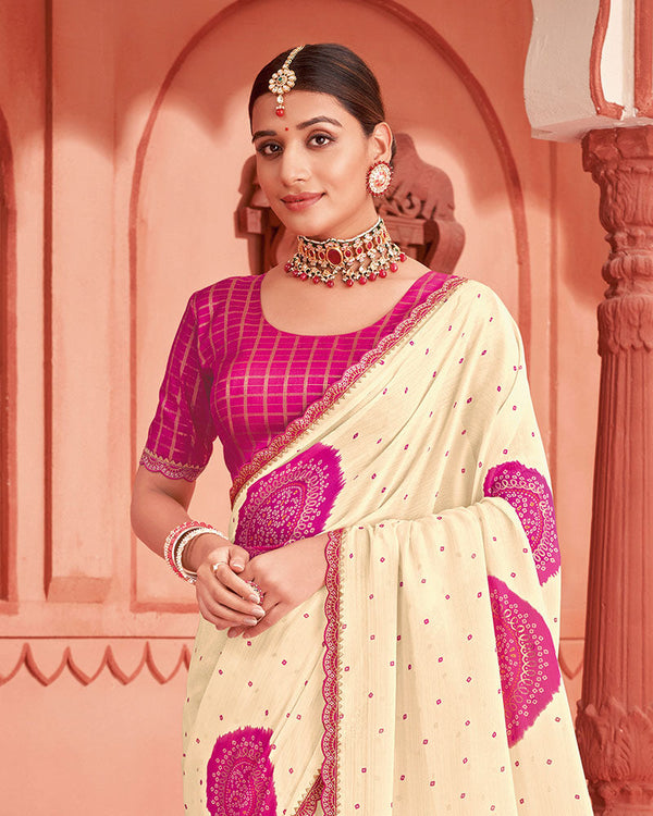 Vishal Prints Dark Hot Pink Fancy Chiffon Printed Saree With Foil Print And Cut Work Embroidery Border