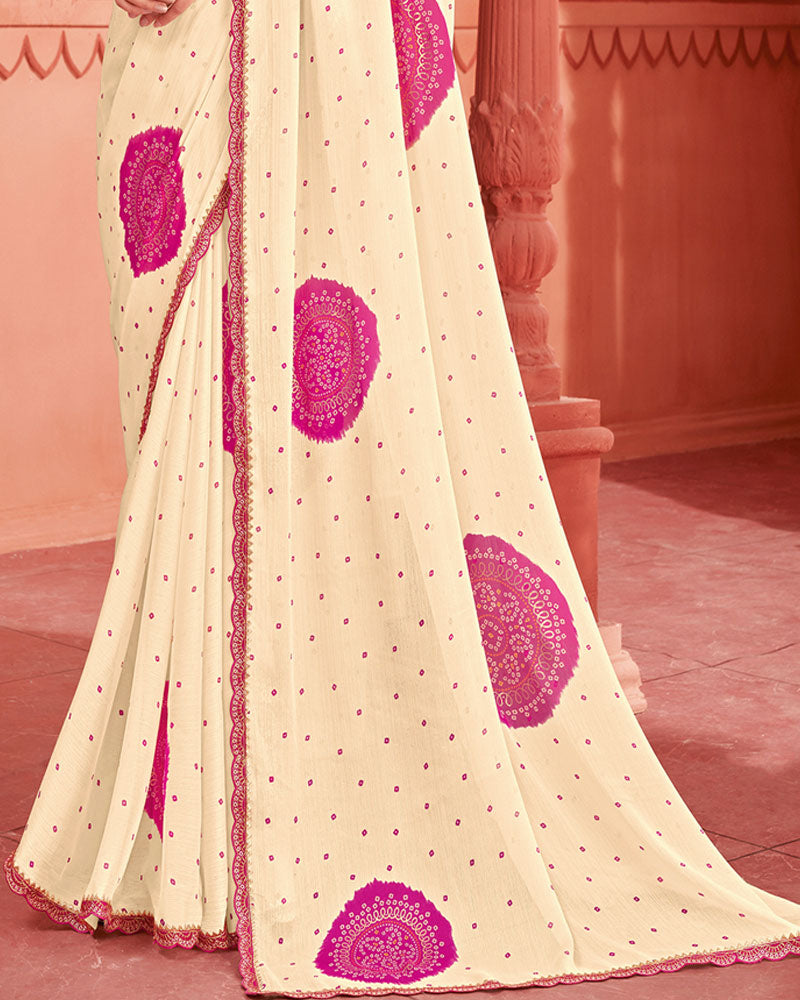 Vishal Prints Dark Hot Pink Fancy Chiffon Printed Saree With Foil Print And Cut Work Embroidery Border