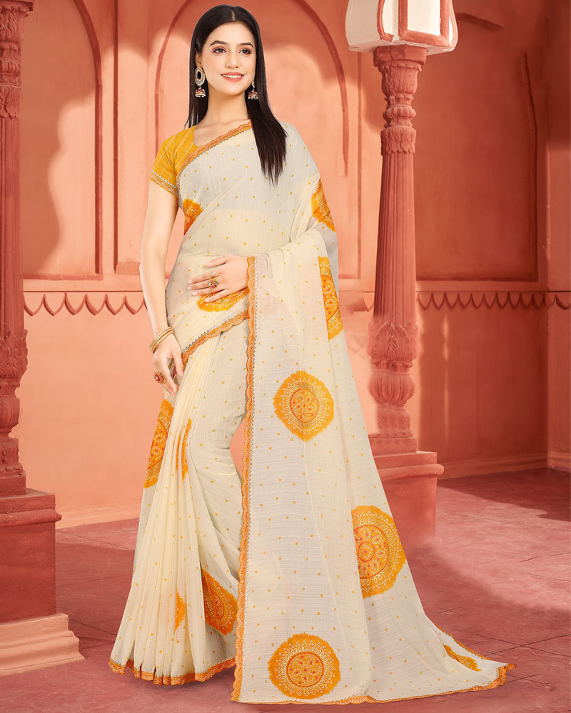 Vishal Prints Mustard Yellow Fancy Chiffon Printed Saree With Foil Print And Cut Work Embroidery Border