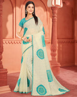 Vishal Prints Teal Blue Fancy Chiffon Printed Saree With Foil Print And Cut Work Embroidery Border