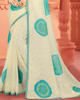 Vishal Prints Teal Blue Fancy Chiffon Printed Saree With Foil Print And Cut Work Embroidery Border