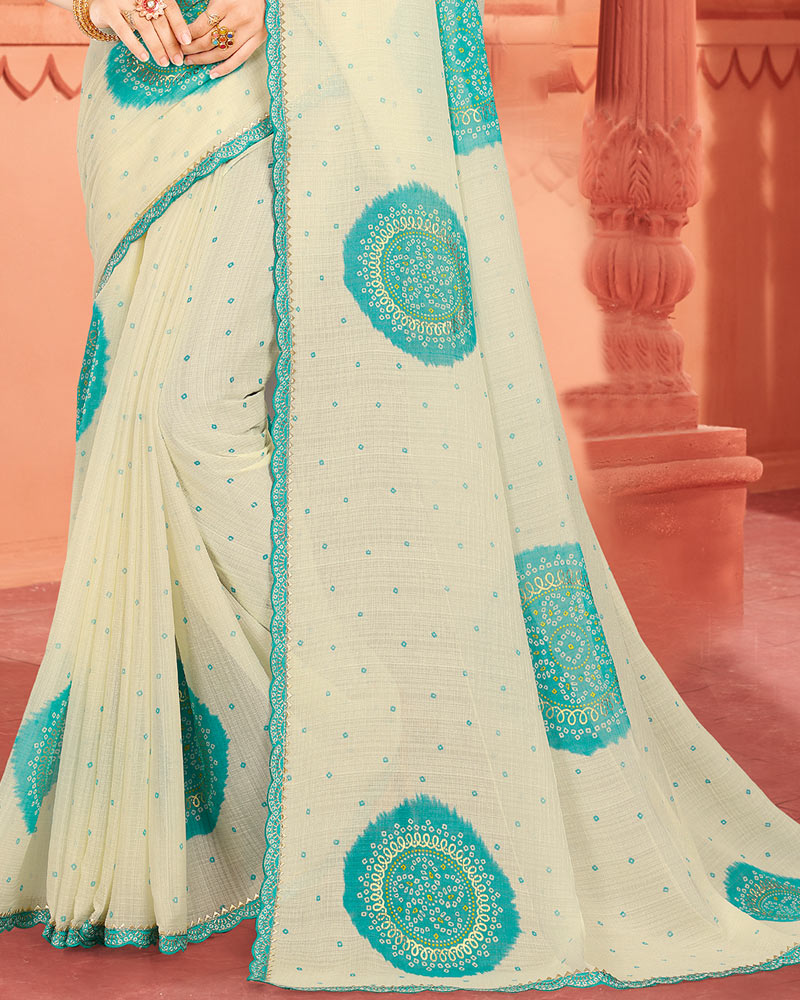 Vishal Prints Teal Blue Fancy Chiffon Printed Saree With Foil Print And Cut Work Embroidery Border