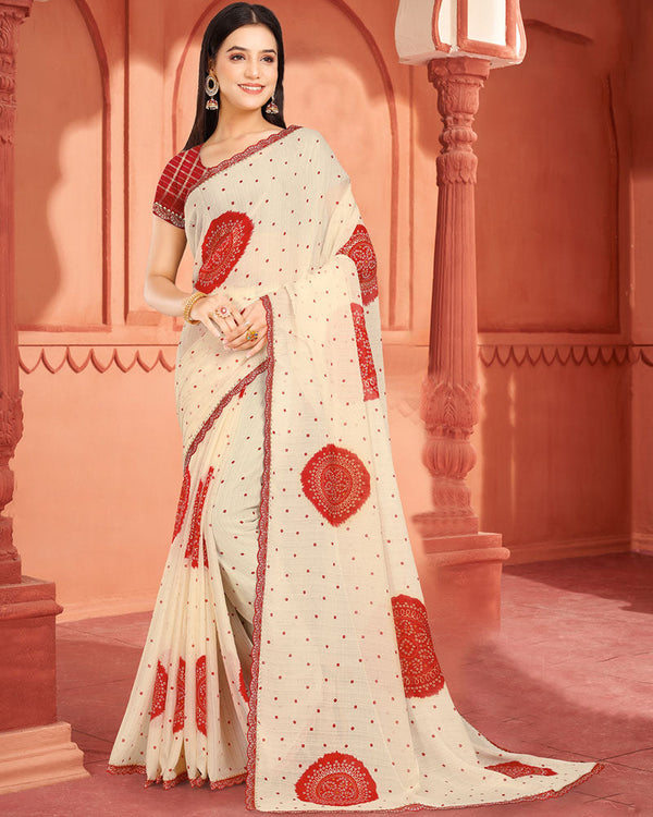 Vishal Prints Chili Red Fancy Chiffon Printed Saree With Foil Print And Cut Work Embroidery Border