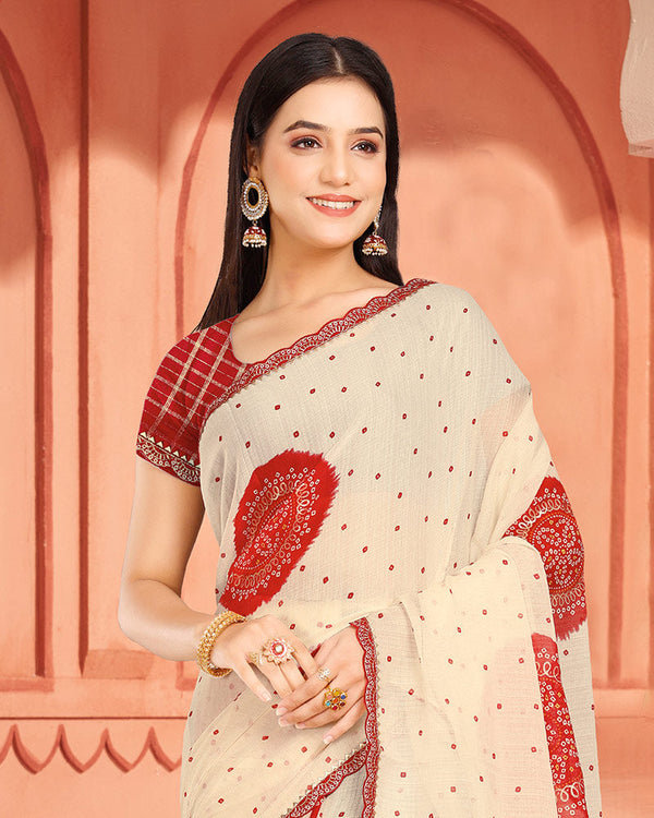 Vishal Prints Chili Red Fancy Chiffon Printed Saree With Foil Print And Cut Work Embroidery Border