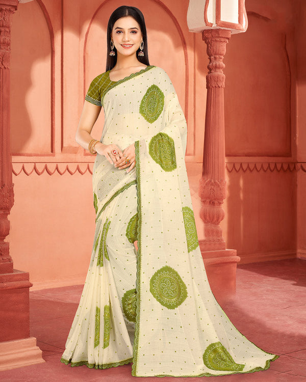 Vishal Prints Olive Green Fancy Chiffon Printed Saree With Foil Print And Cut Work Embroidery Border