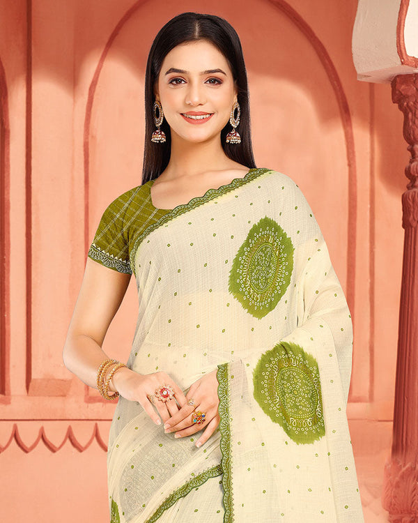 Vishal Prints Olive Green Fancy Chiffon Printed Saree With Foil Print And Cut Work Embroidery Border