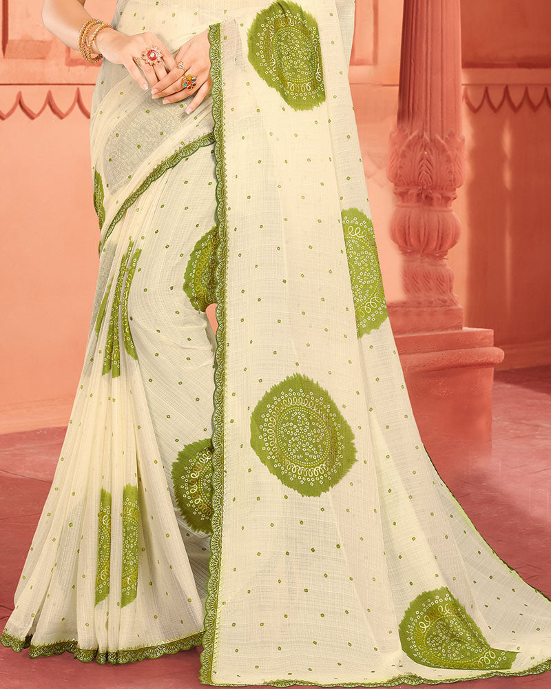 Vishal Prints Olive Green Fancy Chiffon Printed Saree With Foil Print And Cut Work Embroidery Border