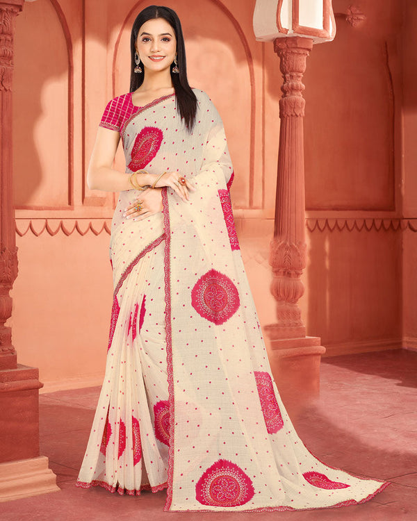 Vishal Prints Pinkish Red Fancy Chiffon Printed Saree With Foil Print And Cut Work Embroidery Border