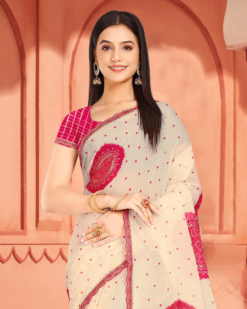 Vishal Prints Pinkish Red Fancy Chiffon Printed Saree With Foil Print And Cut Work Embroidery Border
