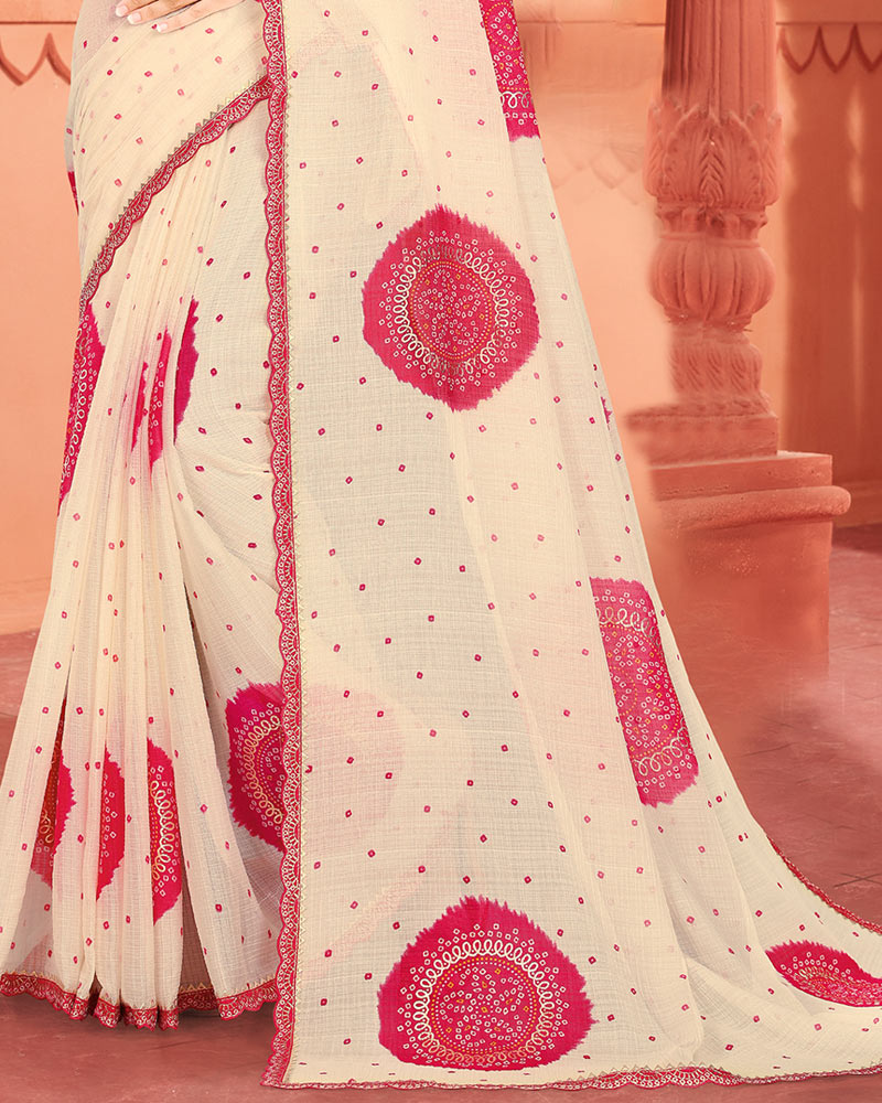 Vishal Prints Pinkish Red Fancy Chiffon Printed Saree With Foil Print And Cut Work Embroidery Border