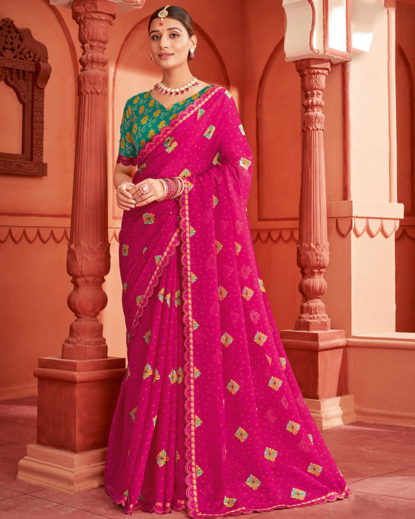 Vishal Prints Dark Hot Pink Printed Fancy Chiffon Bandhani Print Saree With Cut Work Diamond Border