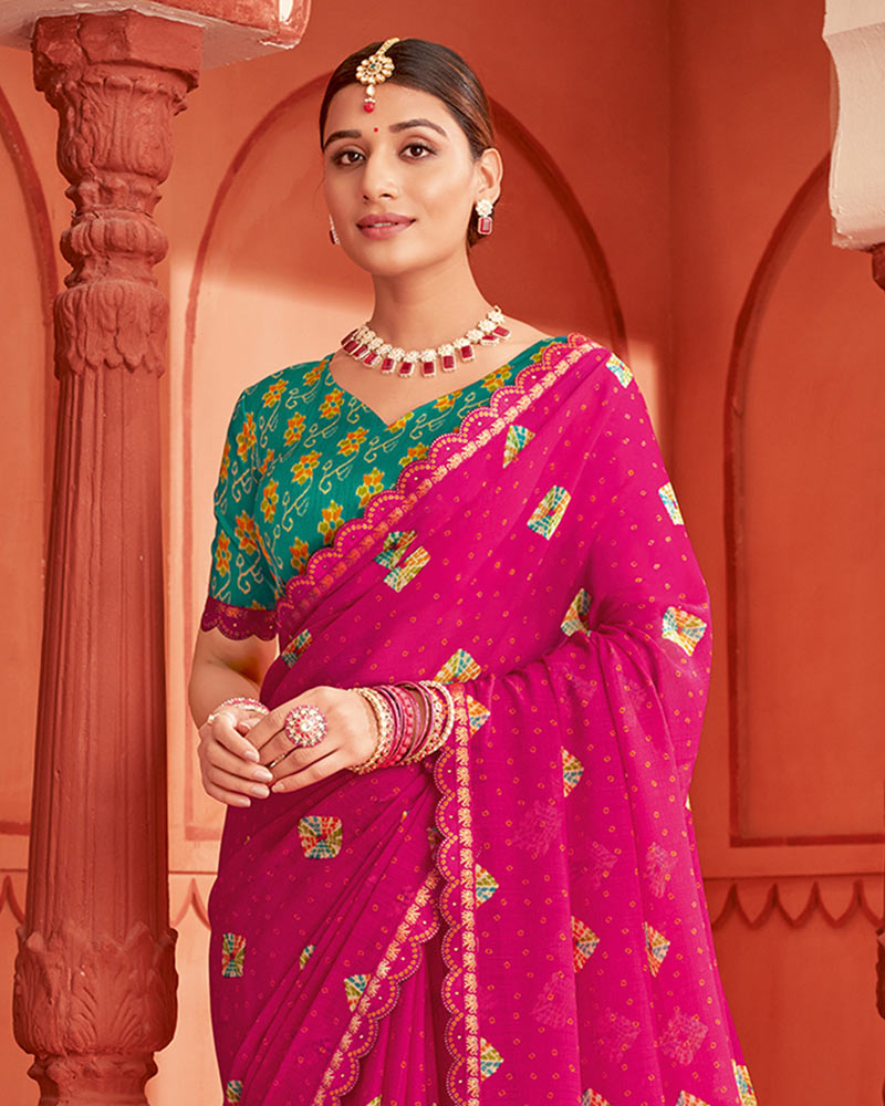 Vishal Prints Dark Hot Pink Printed Fancy Chiffon Bandhani Print Saree With Cut Work Diamond Border