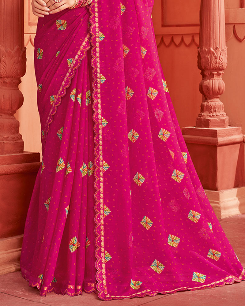Vishal Prints Dark Hot Pink Printed Fancy Chiffon Bandhani Print Saree With Cut Work Diamond Border