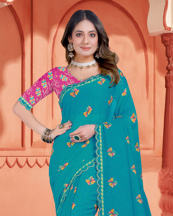 Vishal Prints Teal Blue Printed Fancy Chiffon Bandhani Print Saree With Cut Work Diamond Border
