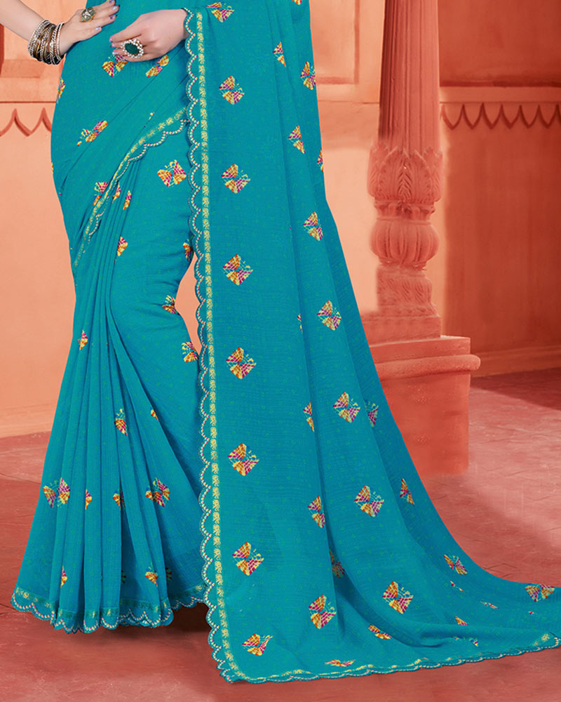 Vishal Prints Teal Blue Printed Fancy Chiffon Bandhani Print Saree With Cut Work Diamond Border