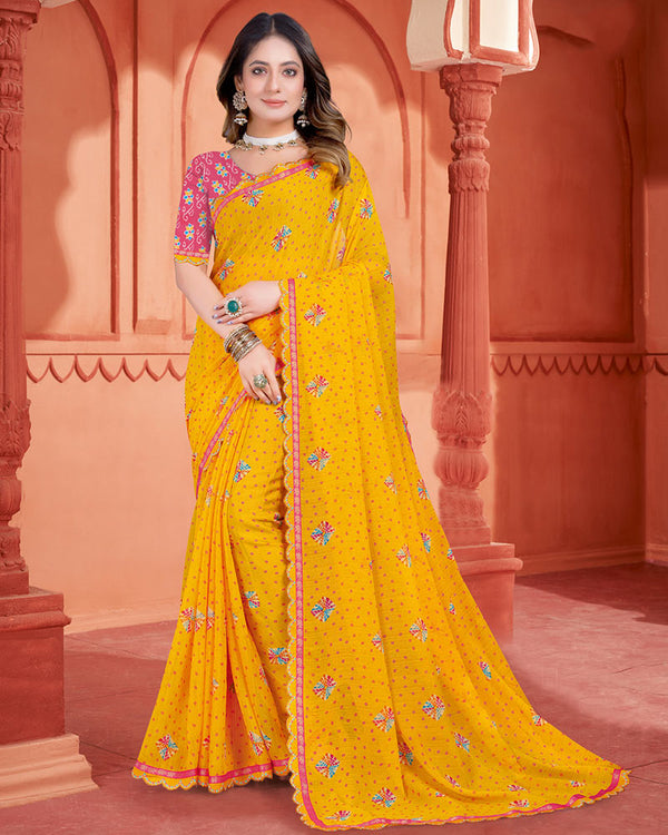 Vishal Prints Golden Yellow Printed Fancy Chiffon Bandhani Print Saree With Cut Work Diamond Border