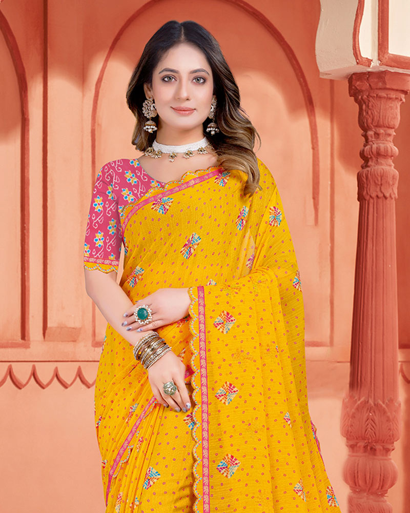 Vishal Prints Golden Yellow Printed Fancy Chiffon Bandhani Print Saree With Cut Work Diamond Border