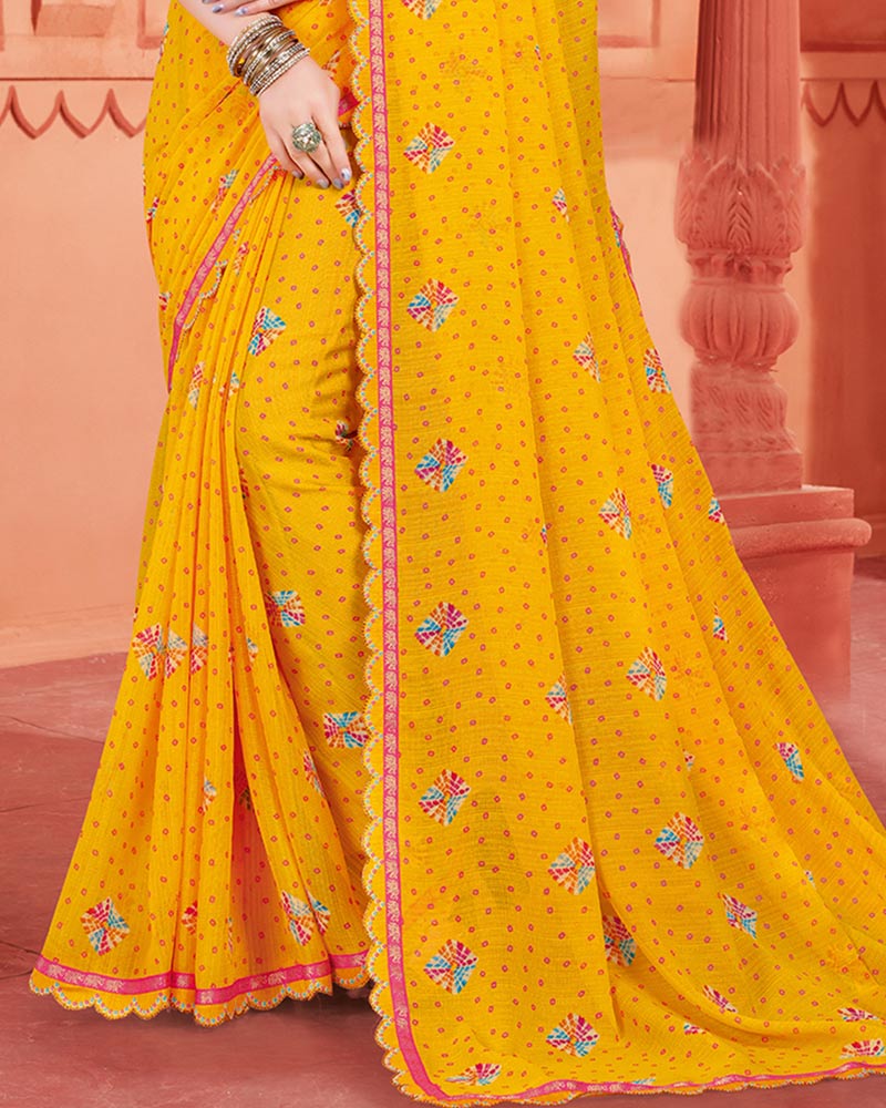Vishal Prints Golden Yellow Printed Fancy Chiffon Bandhani Print Saree With Cut Work Diamond Border