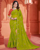 Vishal Prints Mehandi Green Printed Fancy Chiffon Bandhani Print Saree With Cut Work Diamond Border