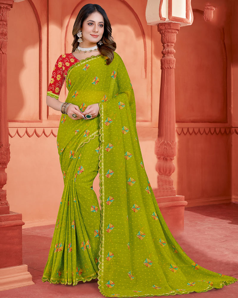 Vishal Prints Mehandi Green Printed Fancy Chiffon Bandhani Print Saree With Cut Work Diamond Border