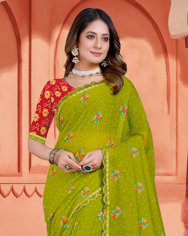 Vishal Prints Mehandi Green Printed Fancy Chiffon Bandhani Print Saree With Cut Work Diamond Border