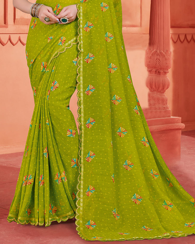 Vishal Prints Mehandi Green Printed Fancy Chiffon Bandhani Print Saree With Cut Work Diamond Border