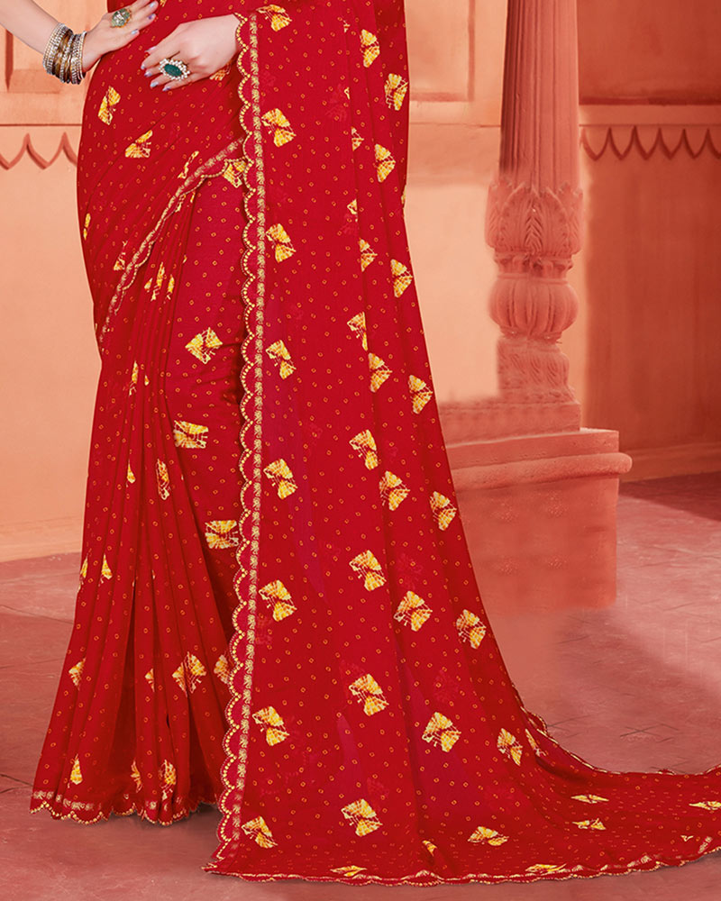 Vishal Prints Milano Red Printed Fancy Chiffon Bandhani Print Saree With Cut Work Diamond Border