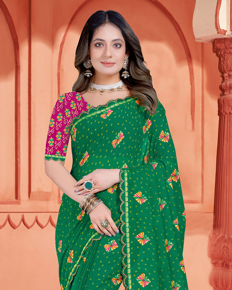 Vishal Prints Dark Spring Green Printed Fancy Chiffon Bandhani Print Saree With Cut Work Diamond Border
