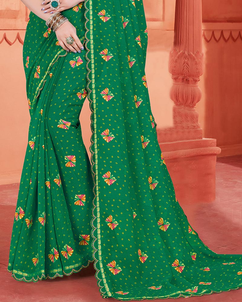 Vishal Prints Dark Spring Green Printed Fancy Chiffon Bandhani Print Saree With Cut Work Diamond Border