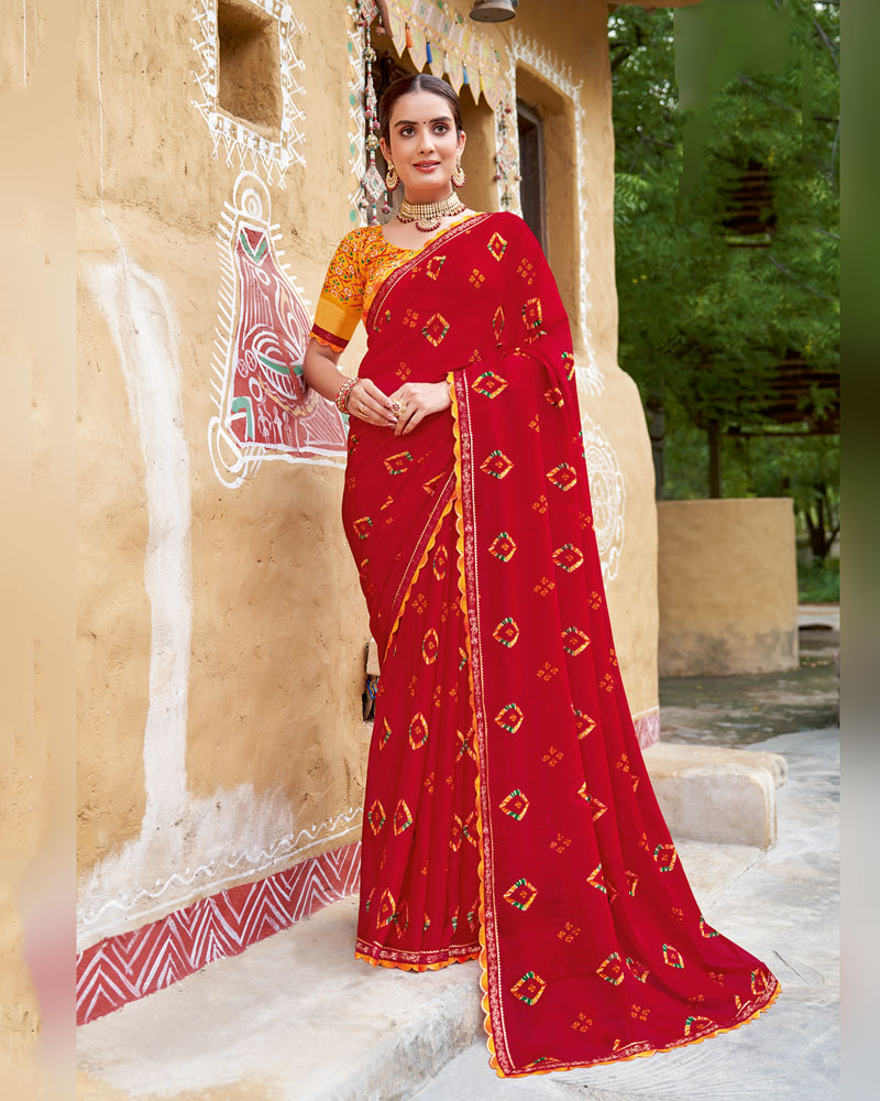 Vishal Prints Lipstick Red Printed Chiffon Traditional Print Saree With Cut Work Border