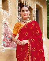 Vishal Prints Lipstick Red Printed Chiffon Traditional Print Saree With Cut Work Border