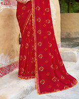 Vishal Prints Lipstick Red Printed Chiffon Traditional Print Saree With Cut Work Border