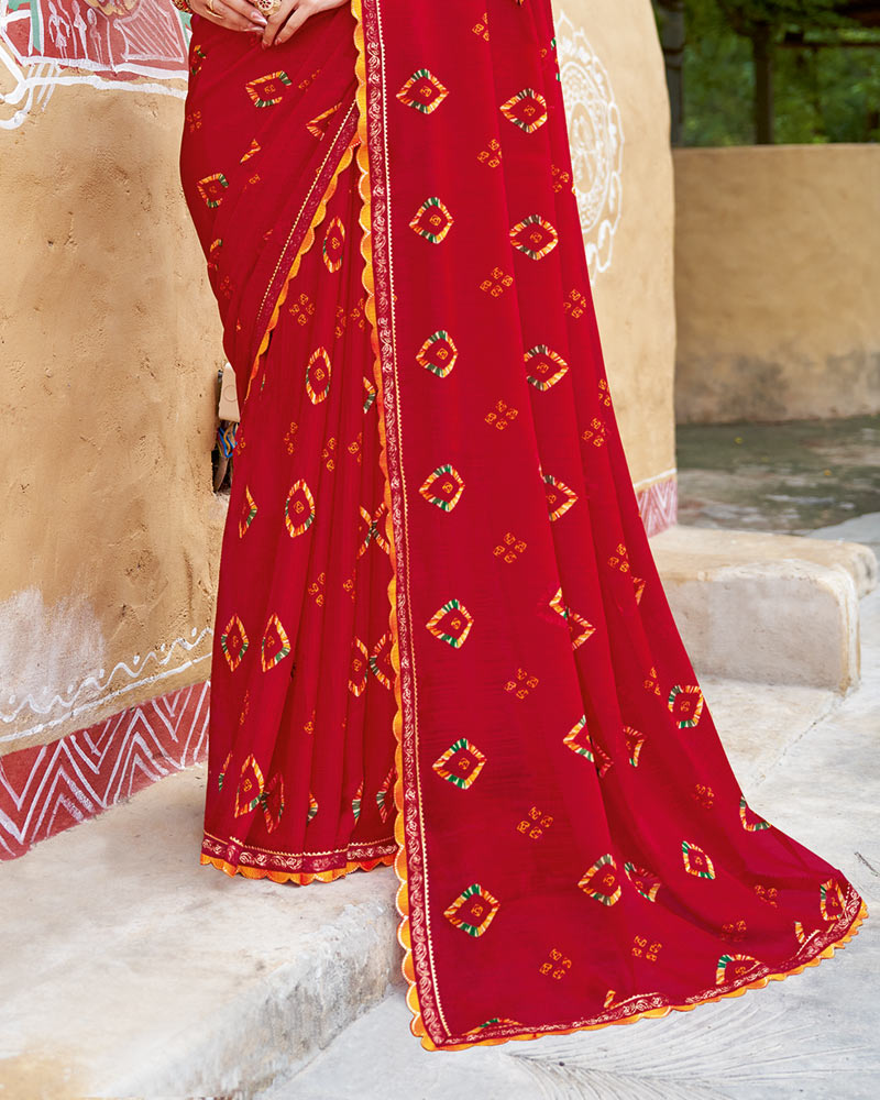 Vishal Prints Lipstick Red Printed Chiffon Traditional Print Saree With Cut Work Border