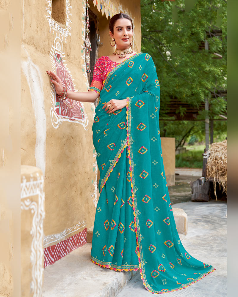 Vishal Prints Bondi Blue Printed Chiffon Traditional Print Saree With Cut Work Border