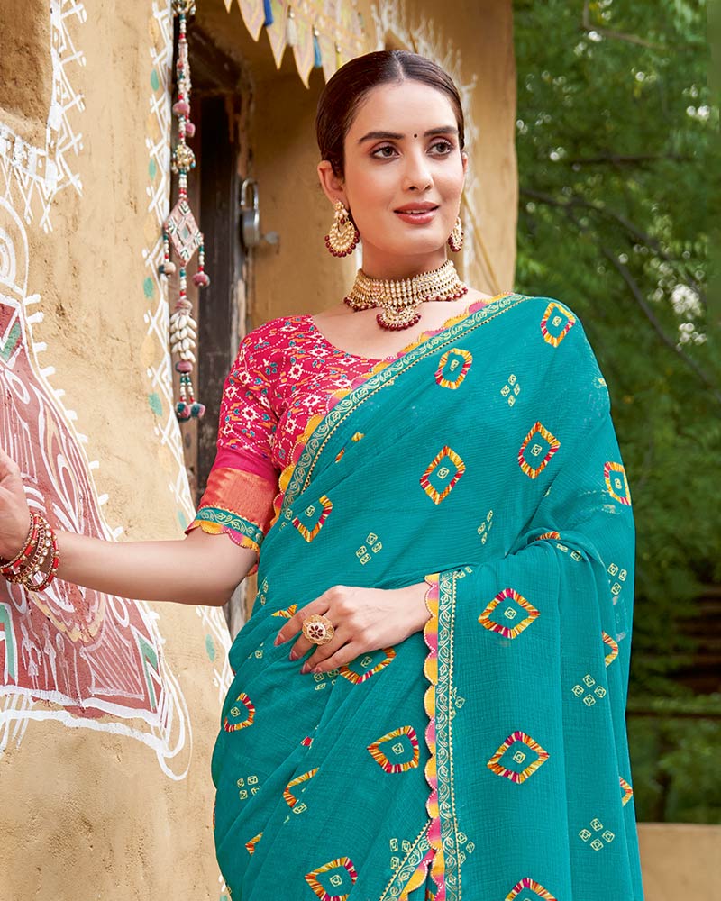Vishal Prints Bondi Blue Printed Chiffon Traditional Print Saree With Cut Work Border