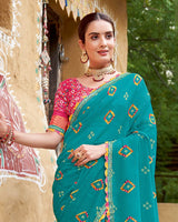 Vishal Prints Bondi Blue Printed Chiffon Traditional Print Saree With Cut Work Border