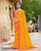 Vishal Prints Yellowish Orange Printed Chiffon Traditional Print Saree With Cut Work Border