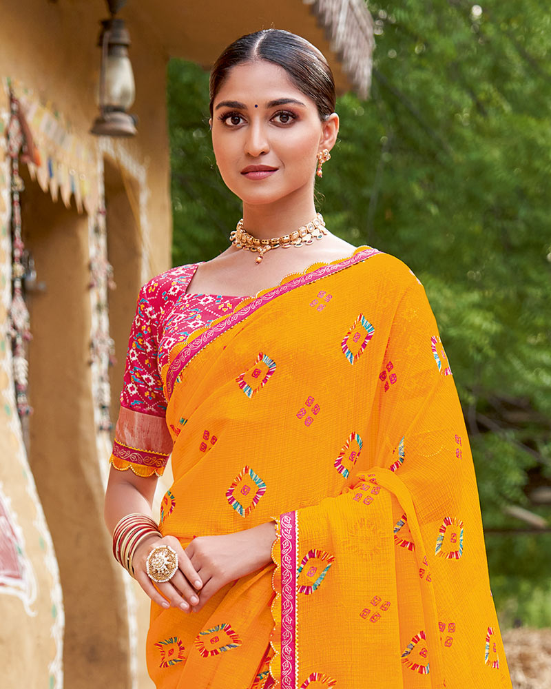 Vishal Prints Yellowish Orange Printed Chiffon Traditional Print Saree With Cut Work Border