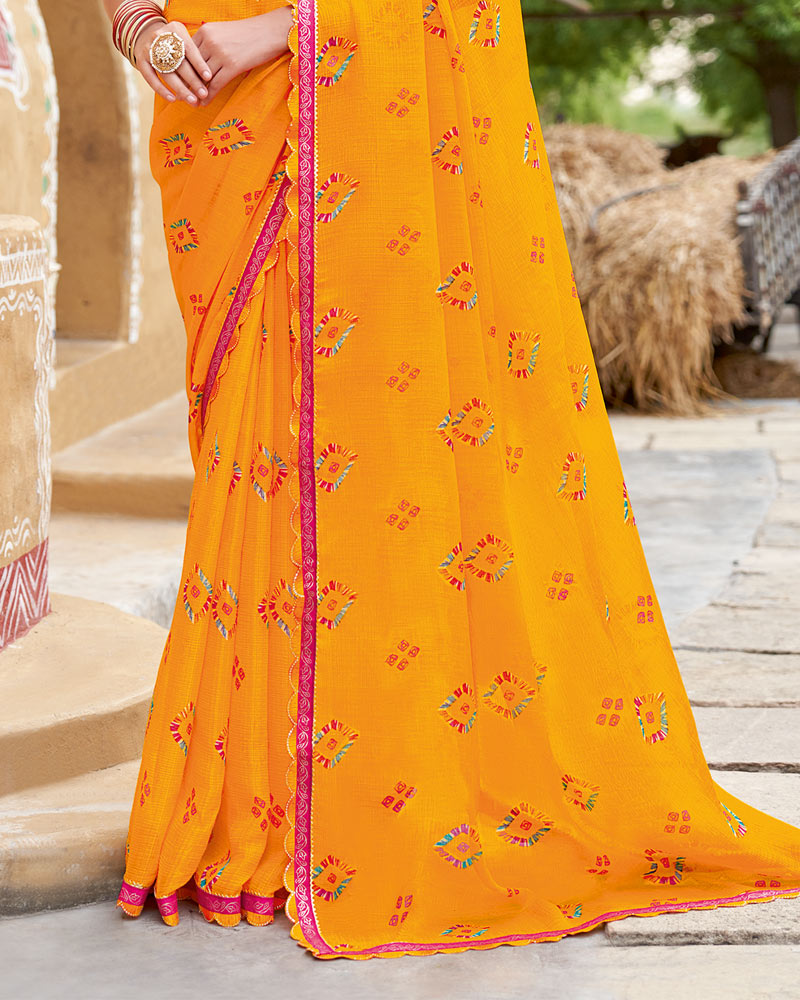 Vishal Prints Yellowish Orange Printed Chiffon Traditional Print Saree With Cut Work Border