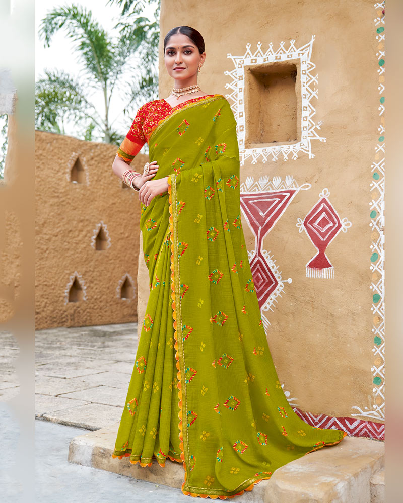 Vishal Prints Olive Yellow Printed Chiffon Traditional Print Saree With Cut Work Border