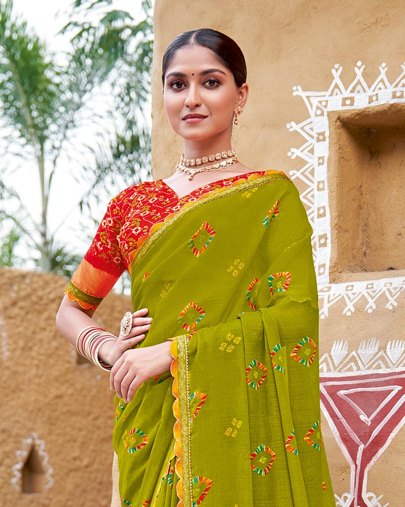Vishal Prints Olive Yellow Printed Chiffon Traditional Print Saree With Cut Work Border
