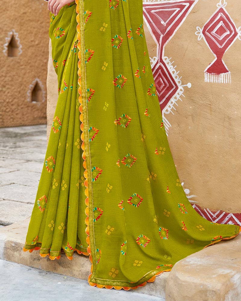 Vishal Prints Olive Yellow Printed Chiffon Traditional Print Saree With Cut Work Border