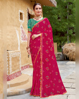 Vishal Prints Purplish Red Printed Chiffon Traditional Print Saree With Cut Work Border