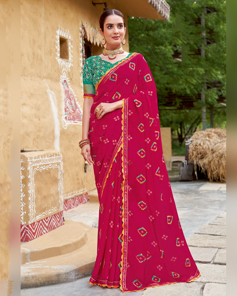 Vishal Prints Purplish Red Printed Chiffon Traditional Print Saree With Cut Work Border