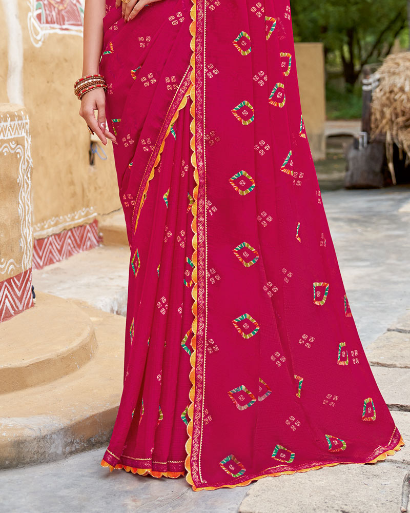 Vishal Prints Purplish Red Printed Chiffon Traditional Print Saree With Cut Work Border