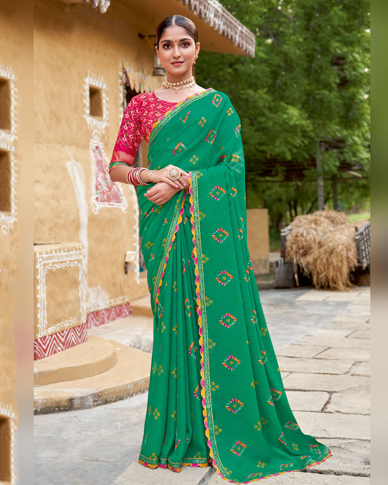 Vishal Prints Tropical Green Printed Chiffon Traditional Print Saree With Cut Work Border